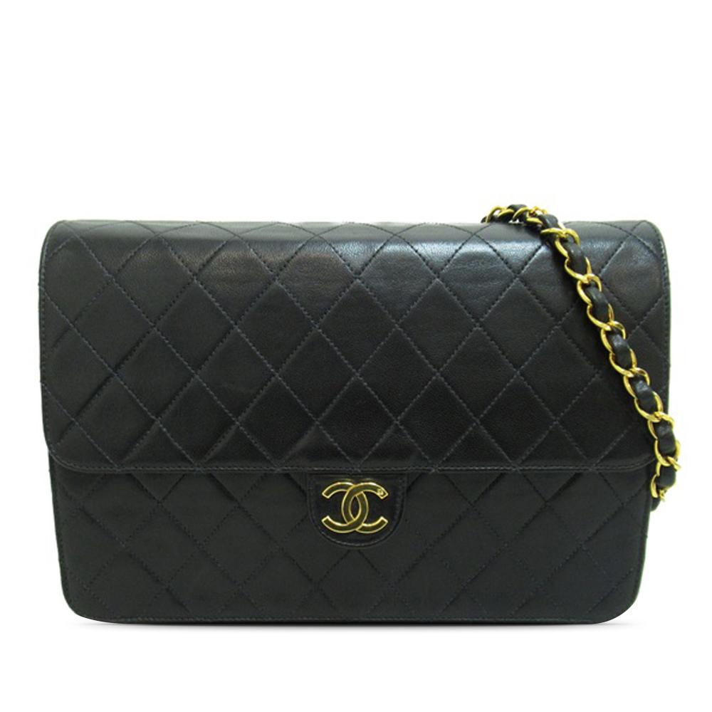 Chanel B Chanel Black Lambskin Leather Leather CC Quilted Lambskin Single Flap France