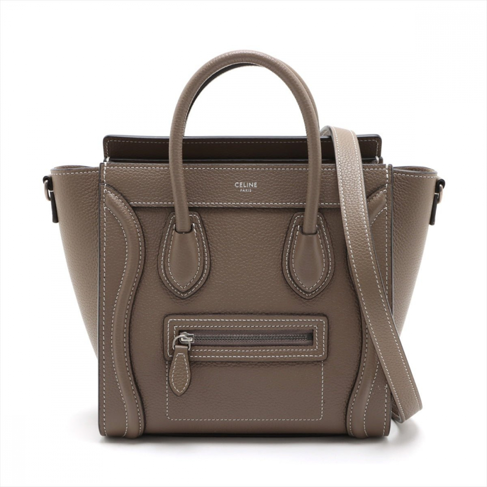 Celine Luggage Nano Drummed Calfskin Leather 2-Ways Tote Bag Grey
