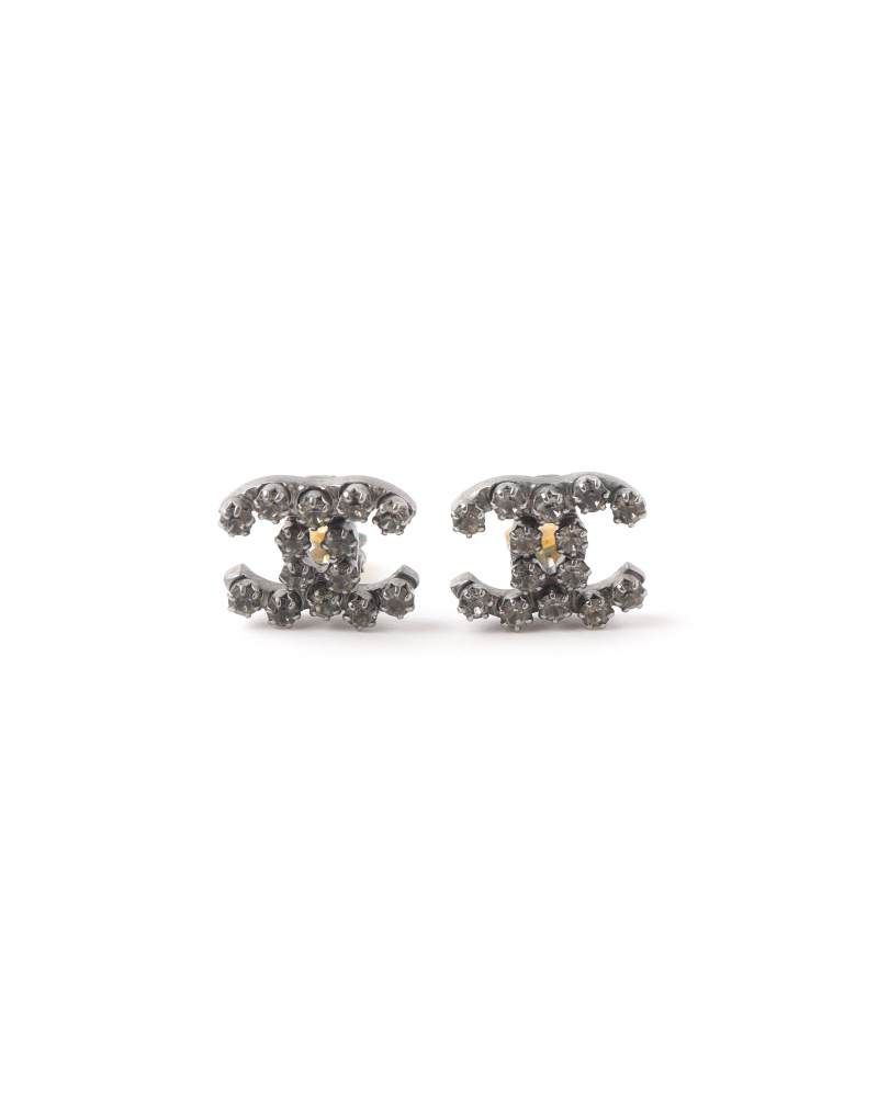 Chanel Cc Gunmetal Rhinestone Earrings