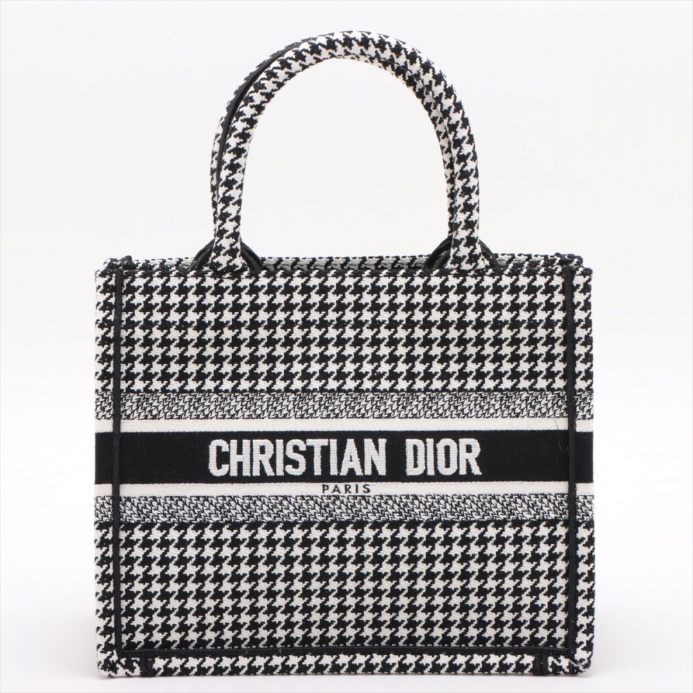 Christian Dior Book Tote Medium Embroidery Canvas Bag Macro Pied-de-Poule Black & White