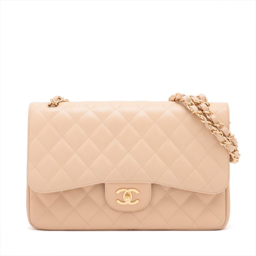Chanel Classic Double Flap Jumbo Matelassè Caviar Leather 2-Ways Flap Handbag Beige
