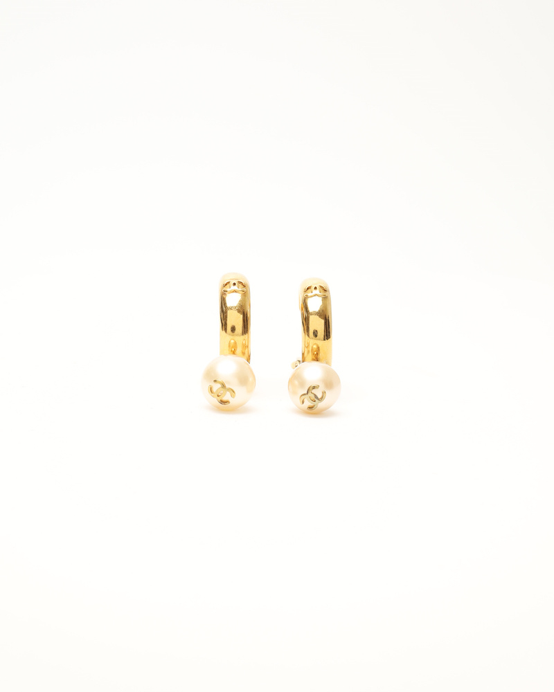 Chanel Cc Hoops With Pearl Earrings