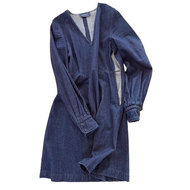 Sportmax Marineblaues Denim-Minikleid mit V-Ausschnitt und Puffärmel, seitlicher Reißverschluss