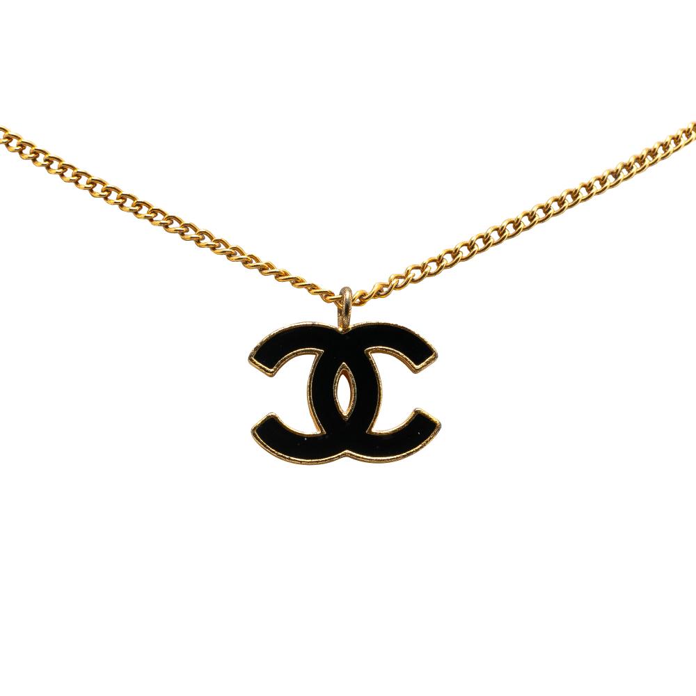 Chanel B Chanel Gold with Black Gold Plated Metal And Enamel CC Pendant Necklace France
