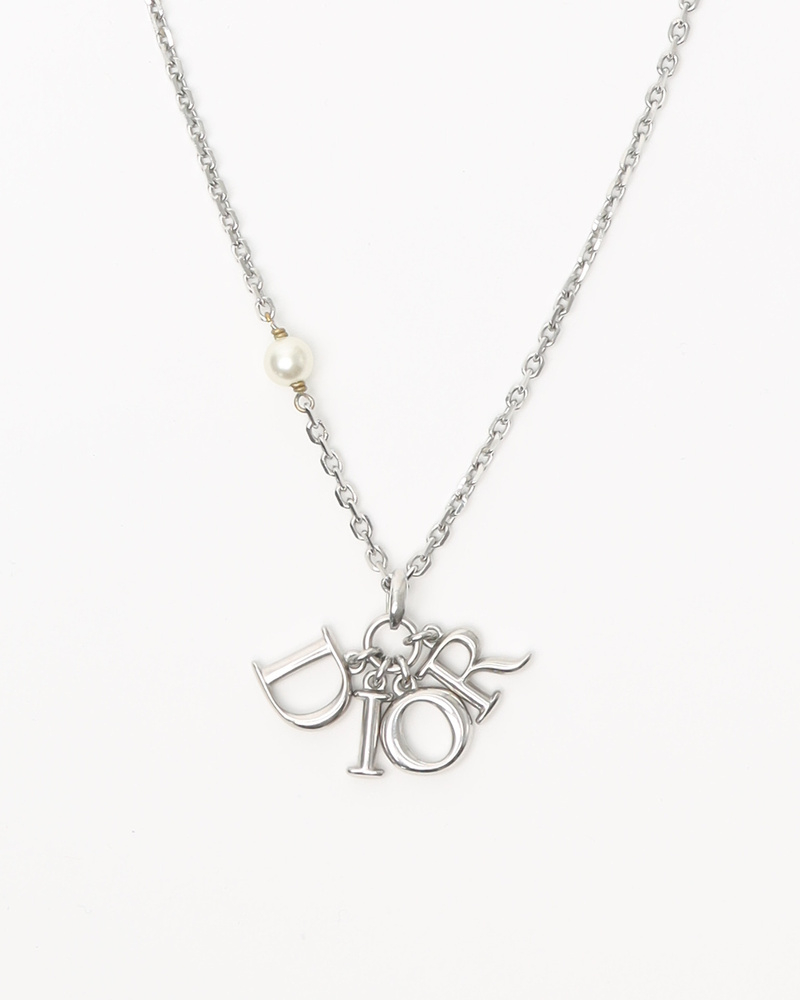 Christian Dior Logo Charm and Pearl Necklace