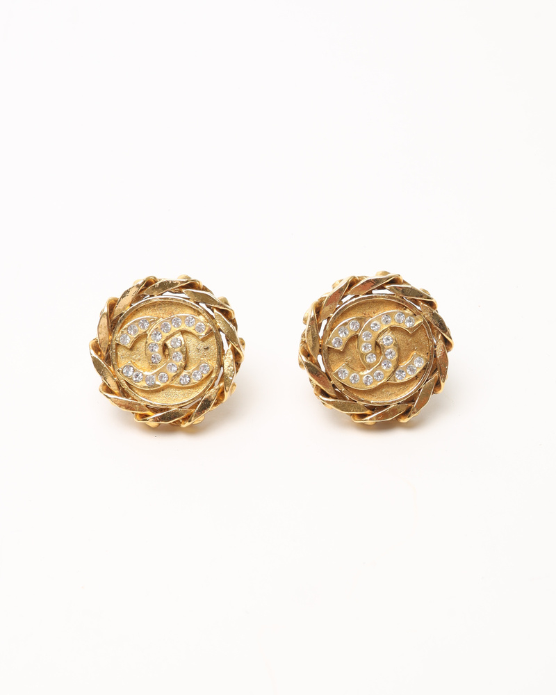 Chanel Coco Mark Circle Chain Rhinestone Clip-on Earrings