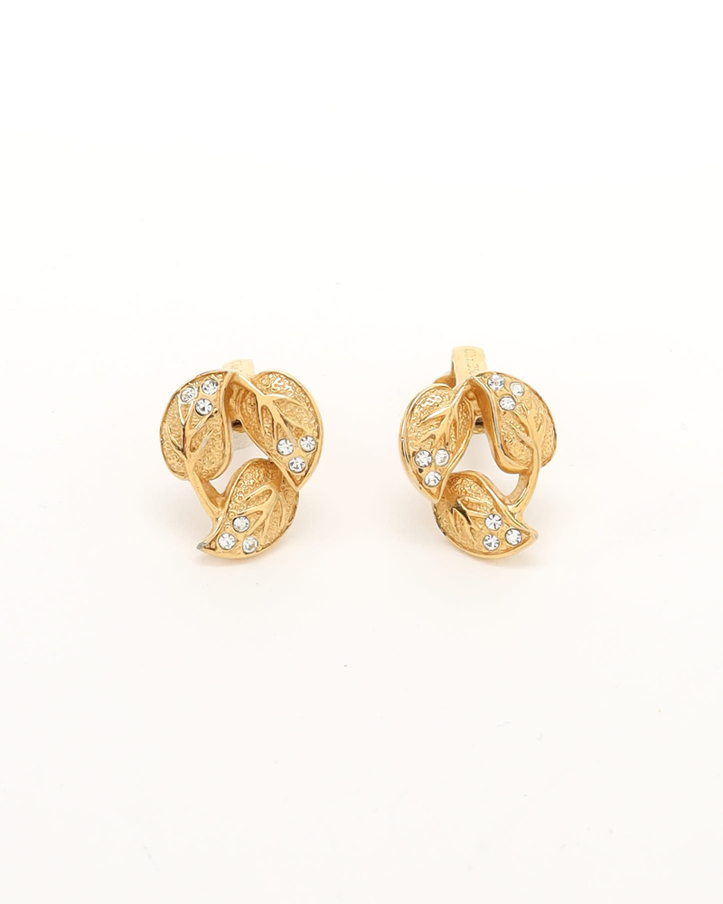 Christian Dior Leaf Motif Rhinestone Clip-on Earrings