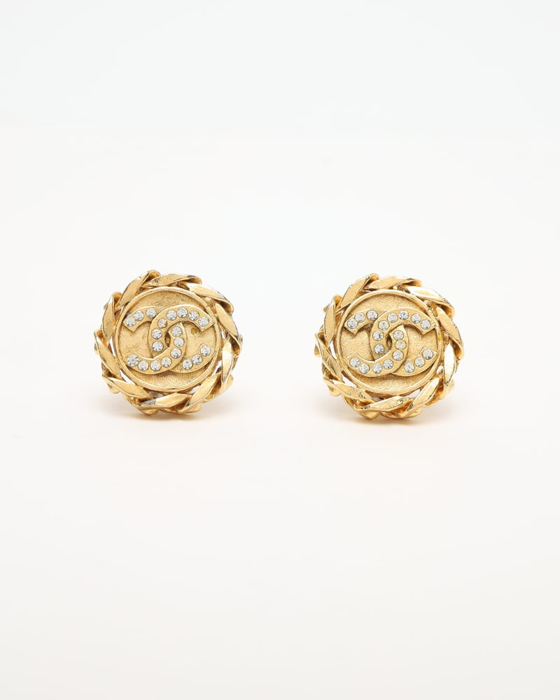 Chanel Coco Mark Circle Chain Rhinestone Clip-on Earrings