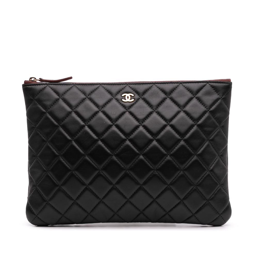 Chanel AB Chanel Black Lambskin Leather Leather Medium Quilted Lambskin O Case Clutch Italy