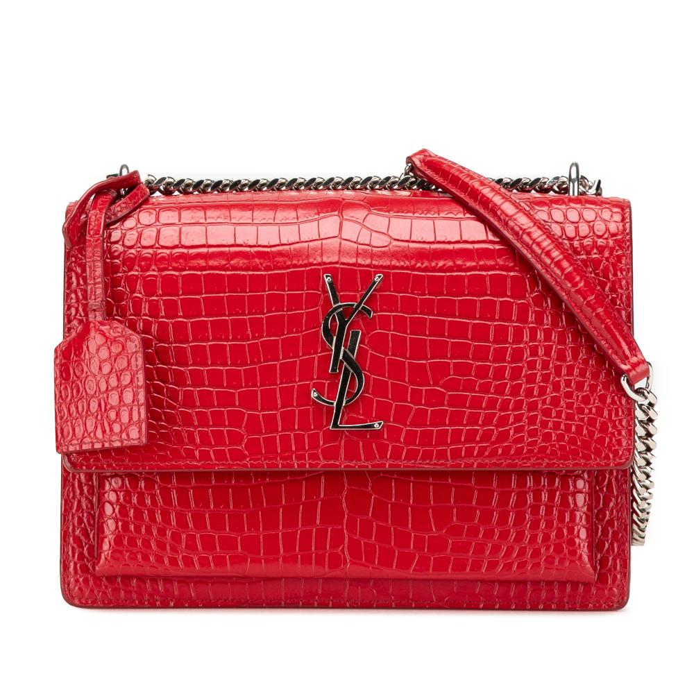Saint Laurent B Saint Laurent Red Calf Leather Medium Croc Embossed Sunset Crossbody Italy