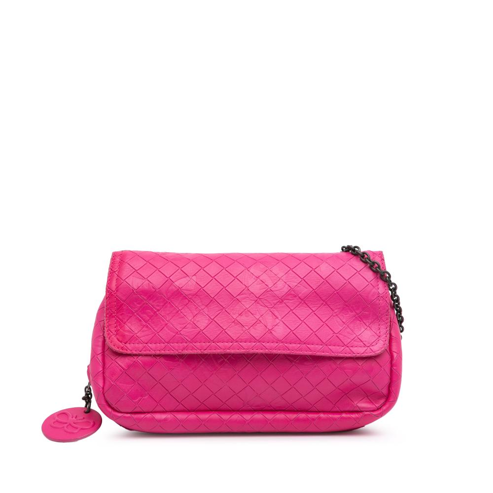 Bottega Veneta Pink Small Calfskin Intrecciomirage Embossed Butterfly Chain Crossbody Italy