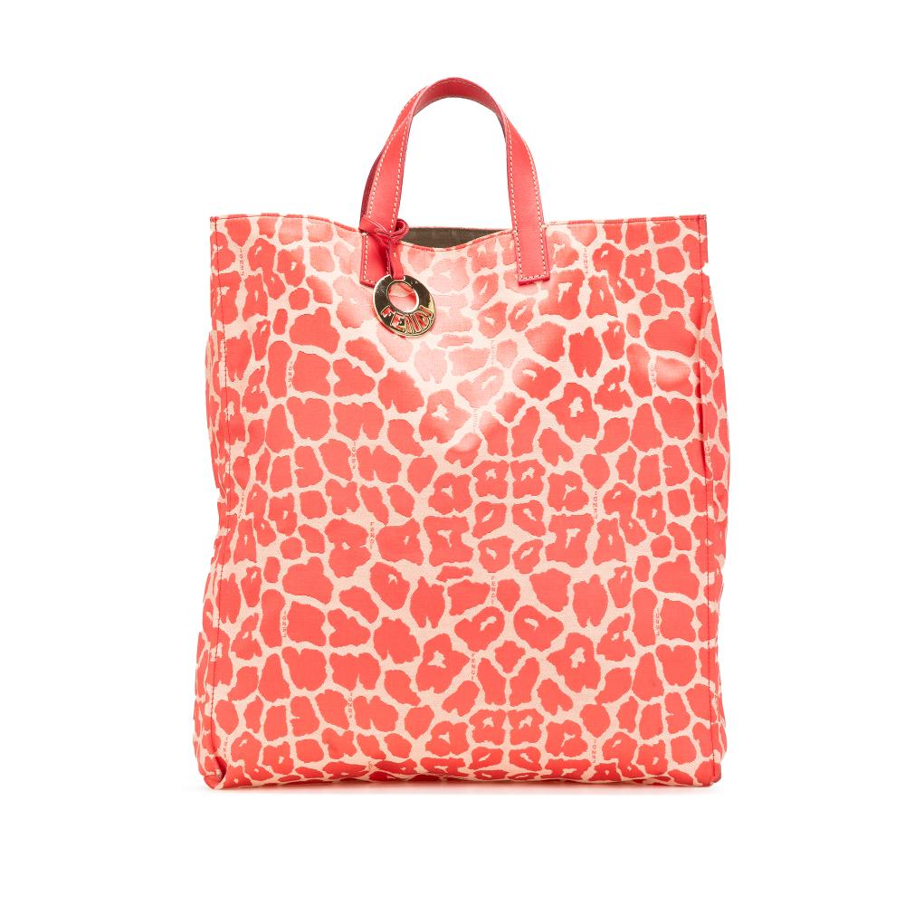 Fendi B Fendi Red Canvas Fabric Leopard Print Shopper Tote Italy
