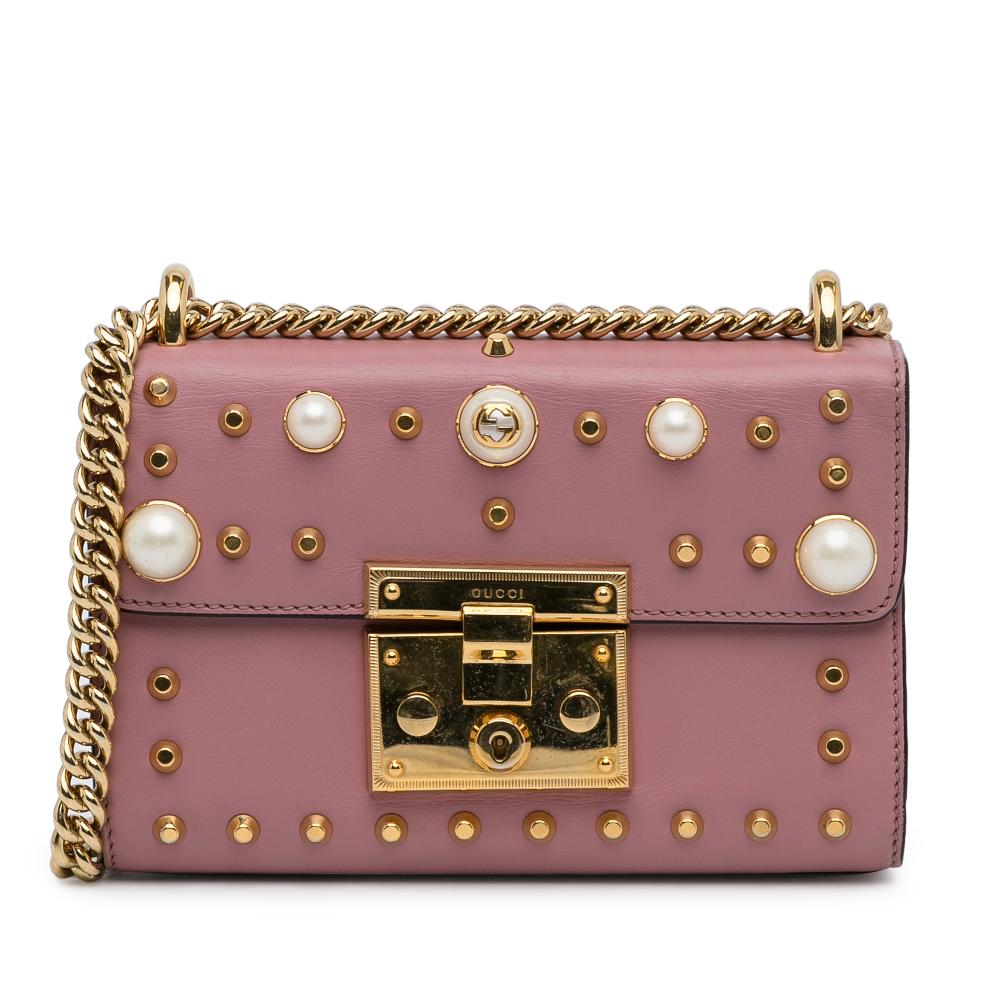 Gucci AB Gucci Pink Calf Leather Small Pearl Studded Padlock Crossbody Italy