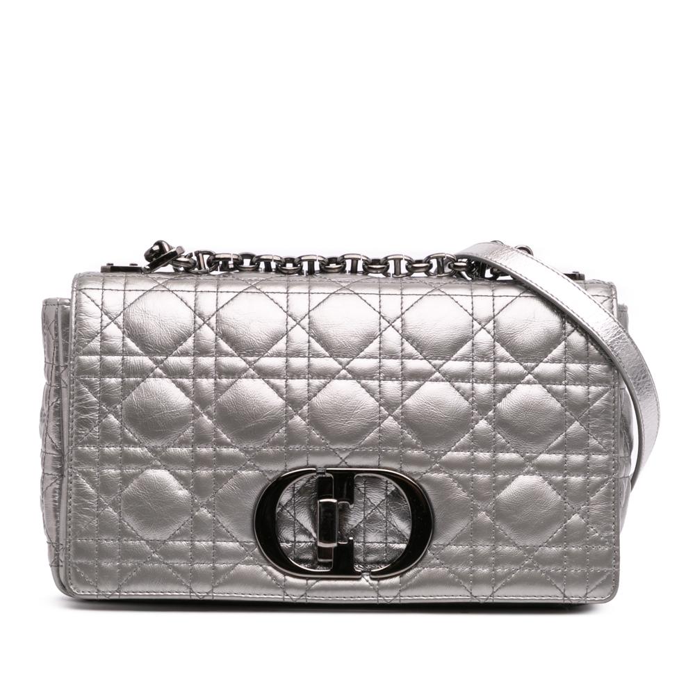 Christian Dior B Dior Silver Calf Leather Medium Metallic skin Cannage Supple Caro Bag Italy