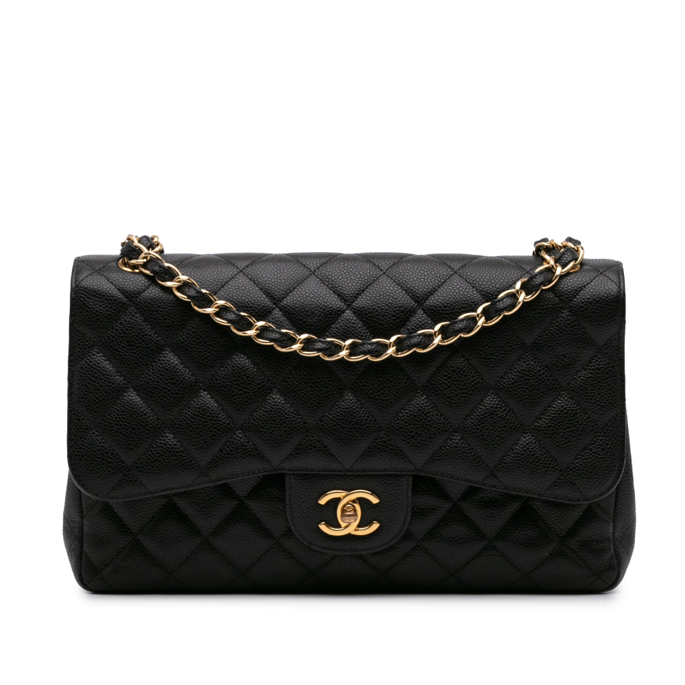 Chanel Classic Double Flap Jumbo Matelassè Caviar Leather 2-Ways Flap Handbag Black