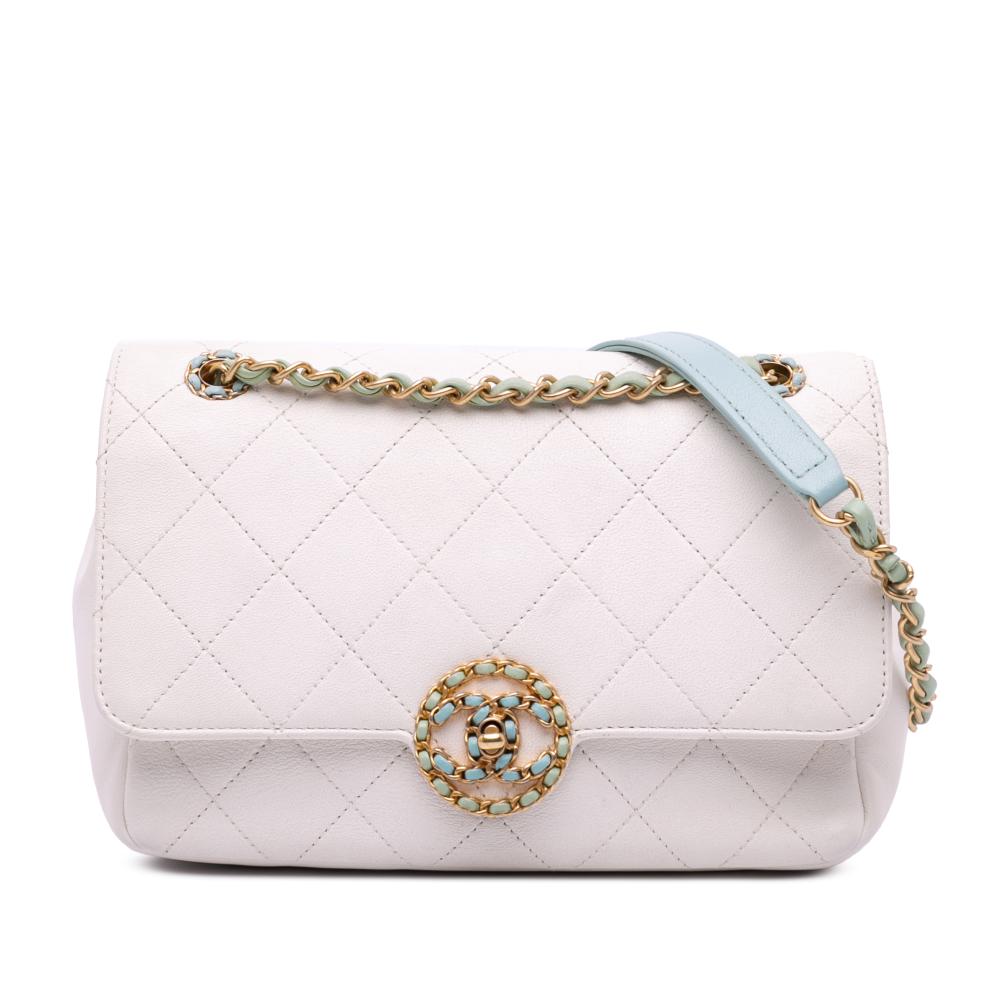 Chanel B Chanel White with Blue Light Blue Calf Leather CC Quilted skin Single Flap Italy