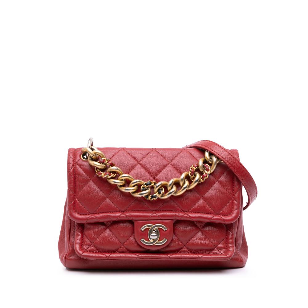 Chanel B Chanel Red Lambskin Leather Leather Small Quilted Lambskin Chain Link Flap Italy