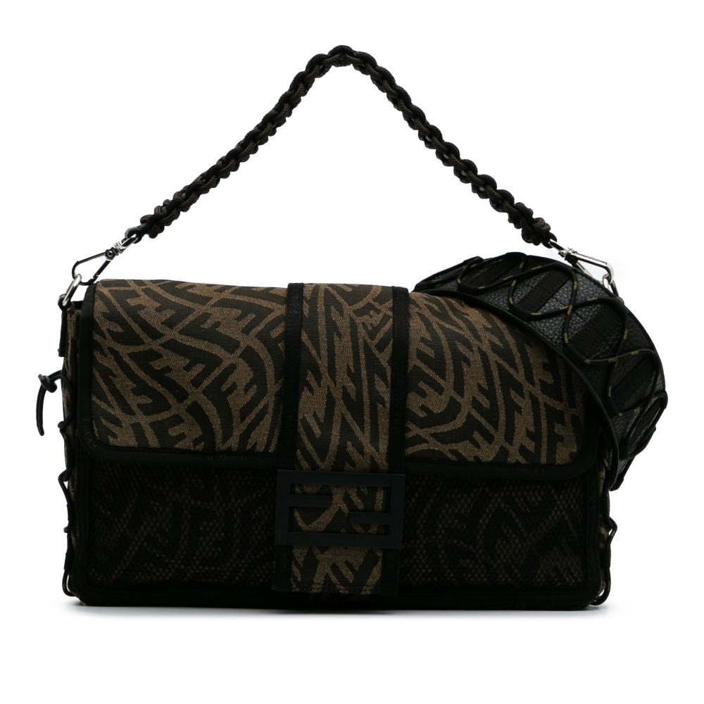 Fendi B Fendi Brown Canvas Fabric Large Zucca Vertigo Mesh Baguette Satchel Italy