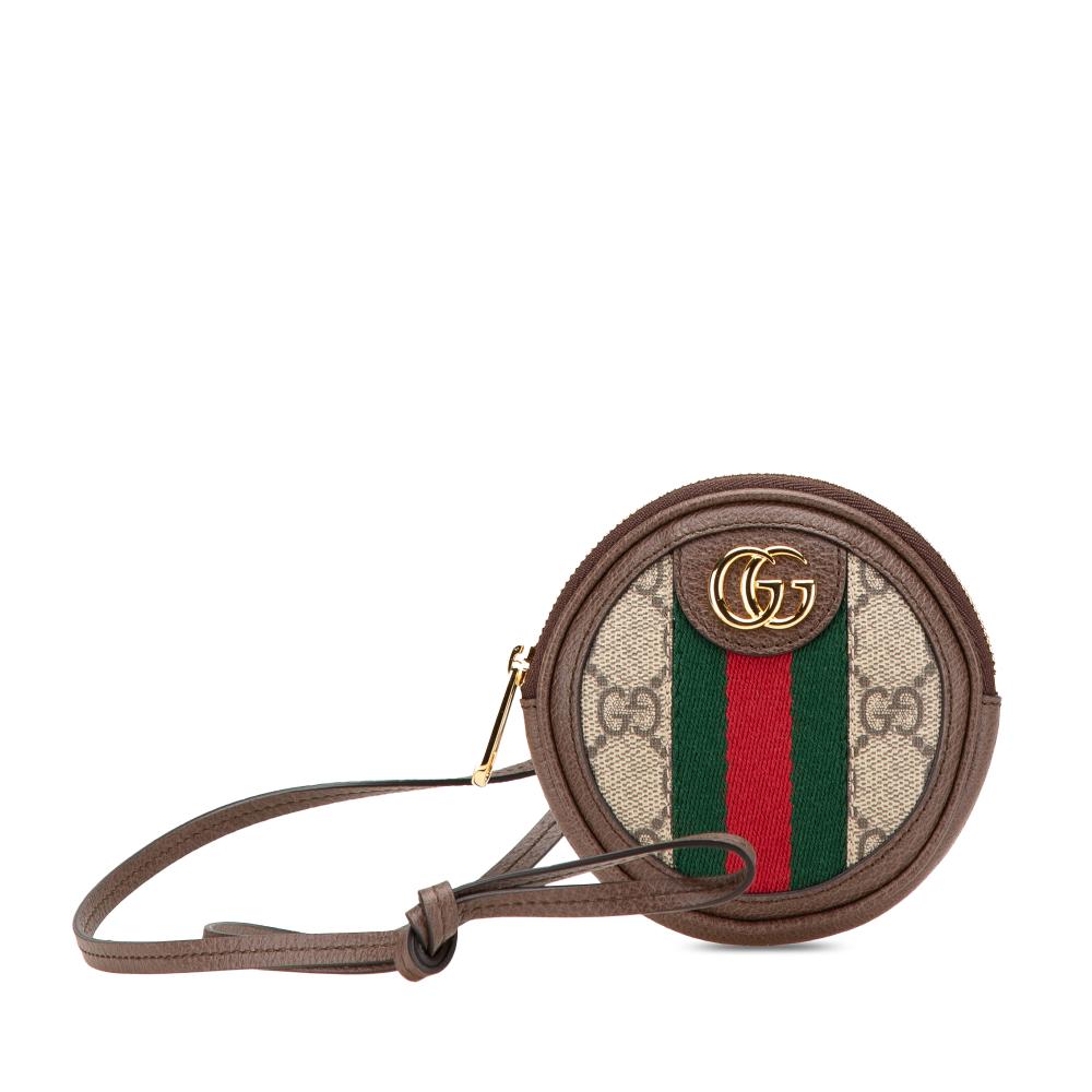 Gucci AB Gucci Brown Beige Coated Canvas Fabric Mini GG Supreme Ophidia Round Neck Pouch Italy