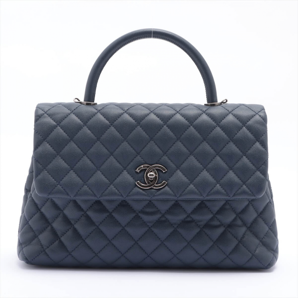 Chanel Coco Handle Large Caviar 2way Navy Blue Ruthenium
