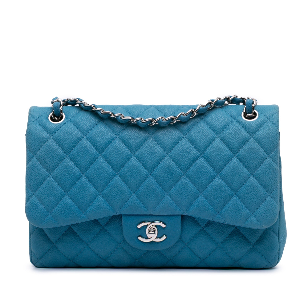 Chanel Classic Double Flap Jumbo Matelassè Caviar Leather Flap Handbag Blue