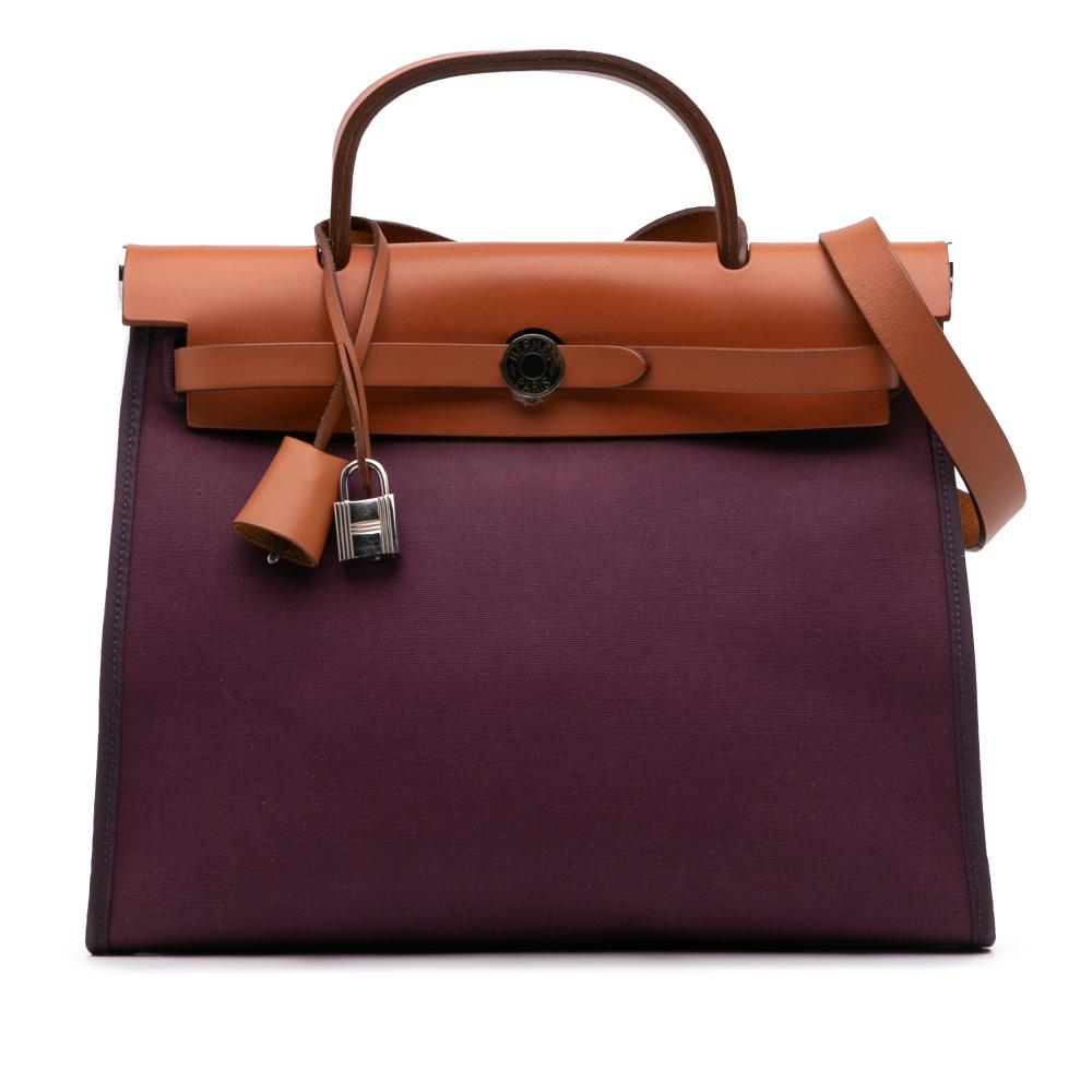 Hermès B Hermès Purple Plum with Brown Canvas Fabric Toile Herbag Zip 31 France