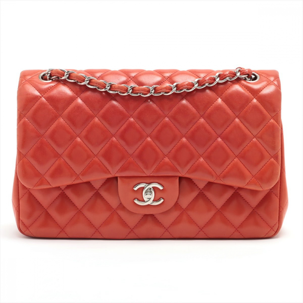 Chanel Classic Double Flap Jumbo Lambskin Leather Chain Bag Red/Orange