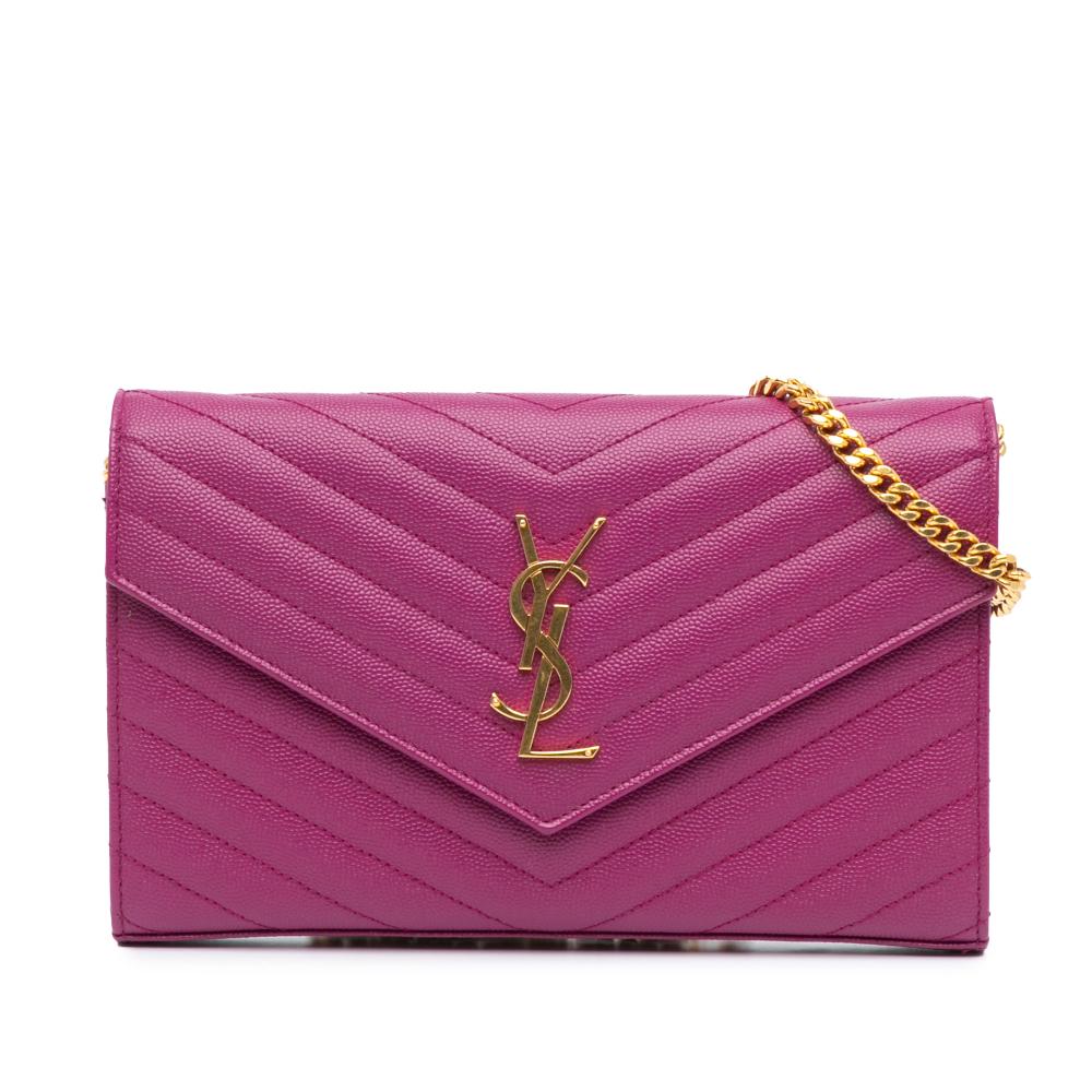Saint Laurent Purple Grain De Poudre Chevron Monogram Envelope Chain Wallet Italy