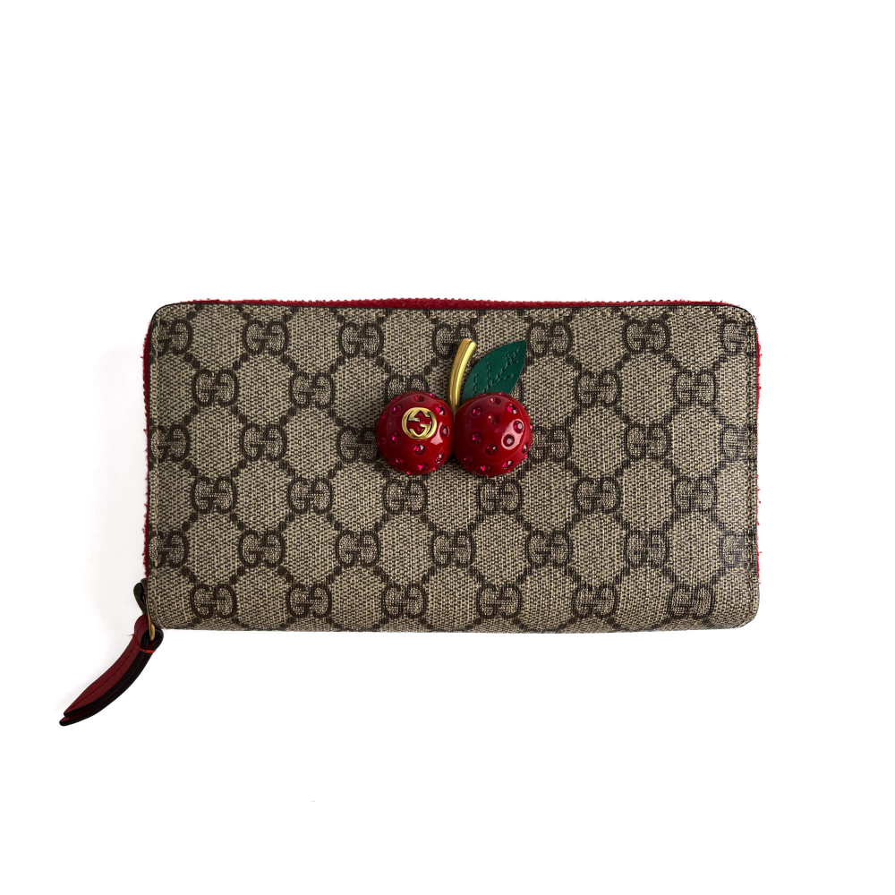 Gucci Cherry Canvas Long Zip Around Wallet GG Supreme