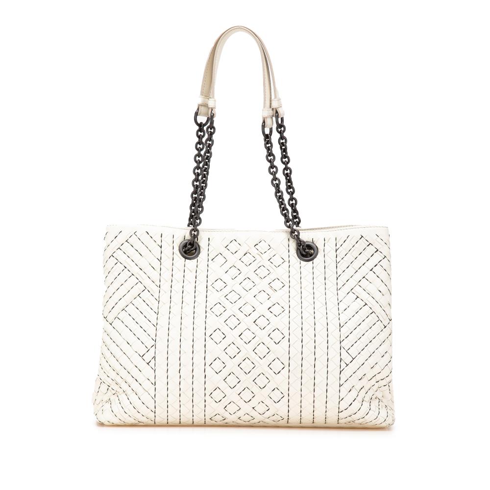 Bottega Veneta B Bottega Veneta White Calf Leather Medium Intrecciato Stitched Double Chain Tote Italy