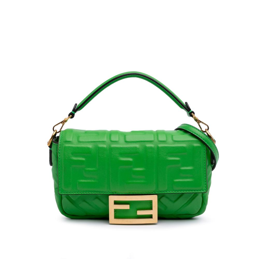 Fendi AB Fendi Green Lime Calf Leather Mini Zucca Embossed Baguette Satchel Italy
