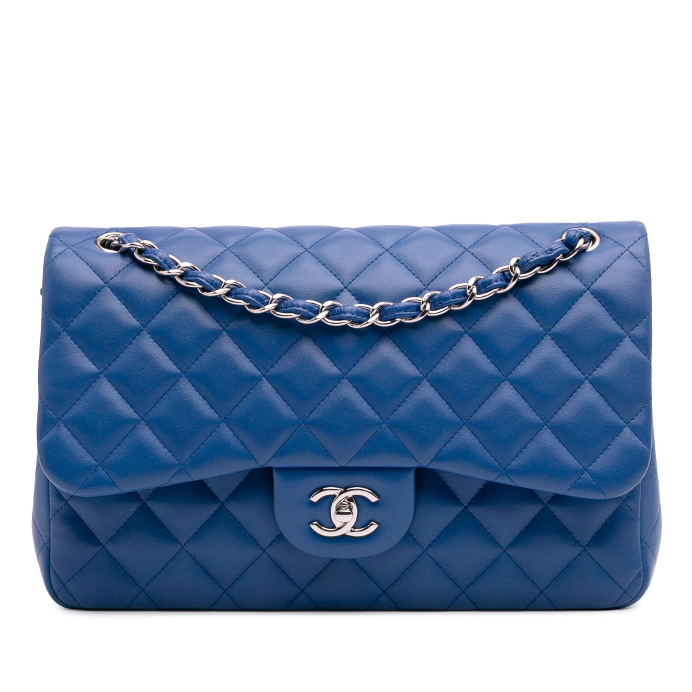 Chanel Classic Double Flap Jumbo Lambskin Leather Matelassè Handbag Blue