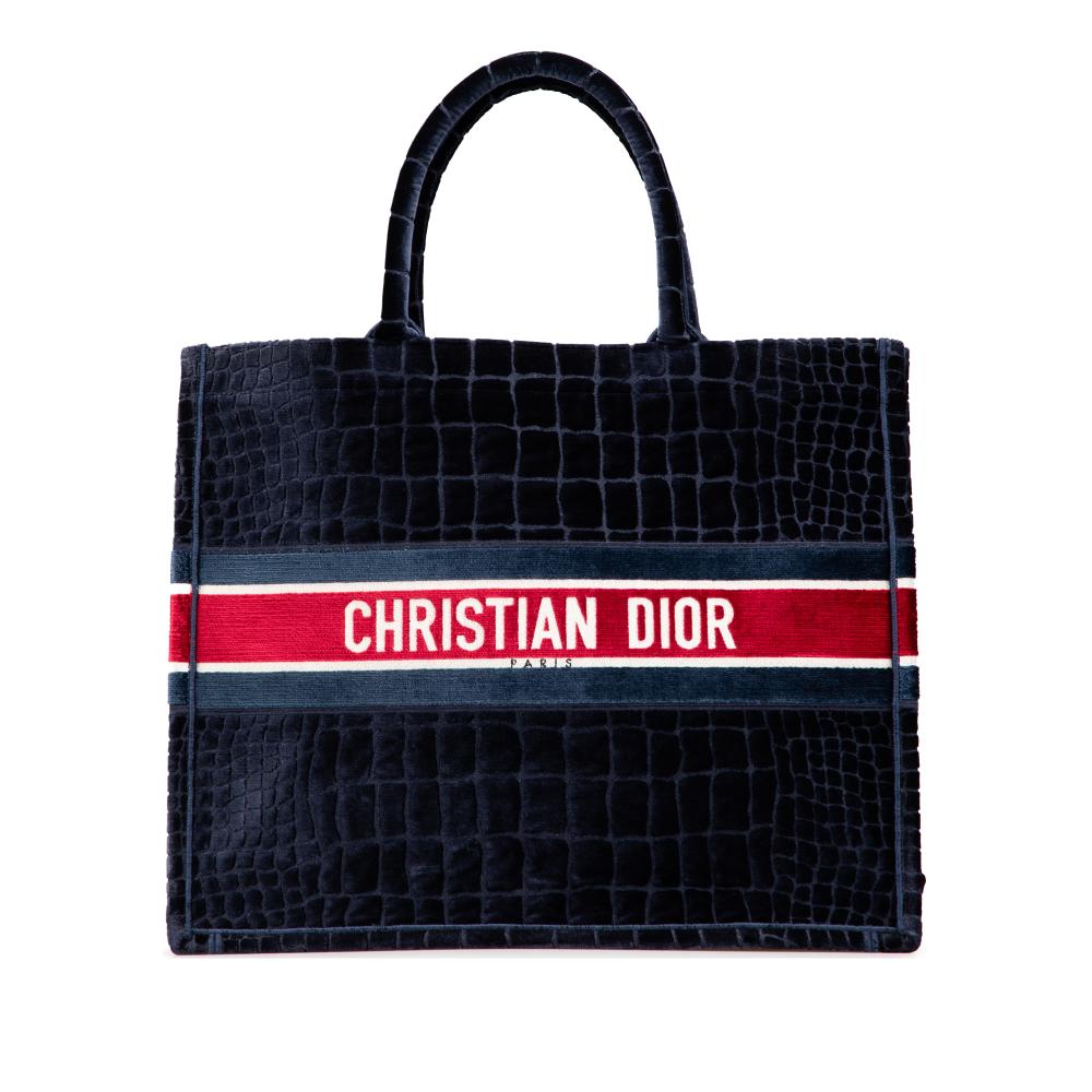 Christian Dior B Dior Blue Navy Velvet Fabric Large Embossed Book Tote Italy