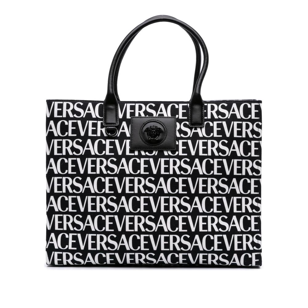 Versace AB Versace Black with White Canvas Fabric Logo Print Tote Italy