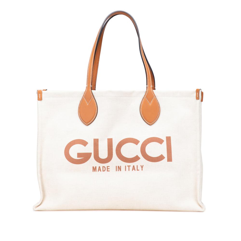 Gucci AB Gucci Brown Beige Canvas Fabric Large Logo Tote Italy