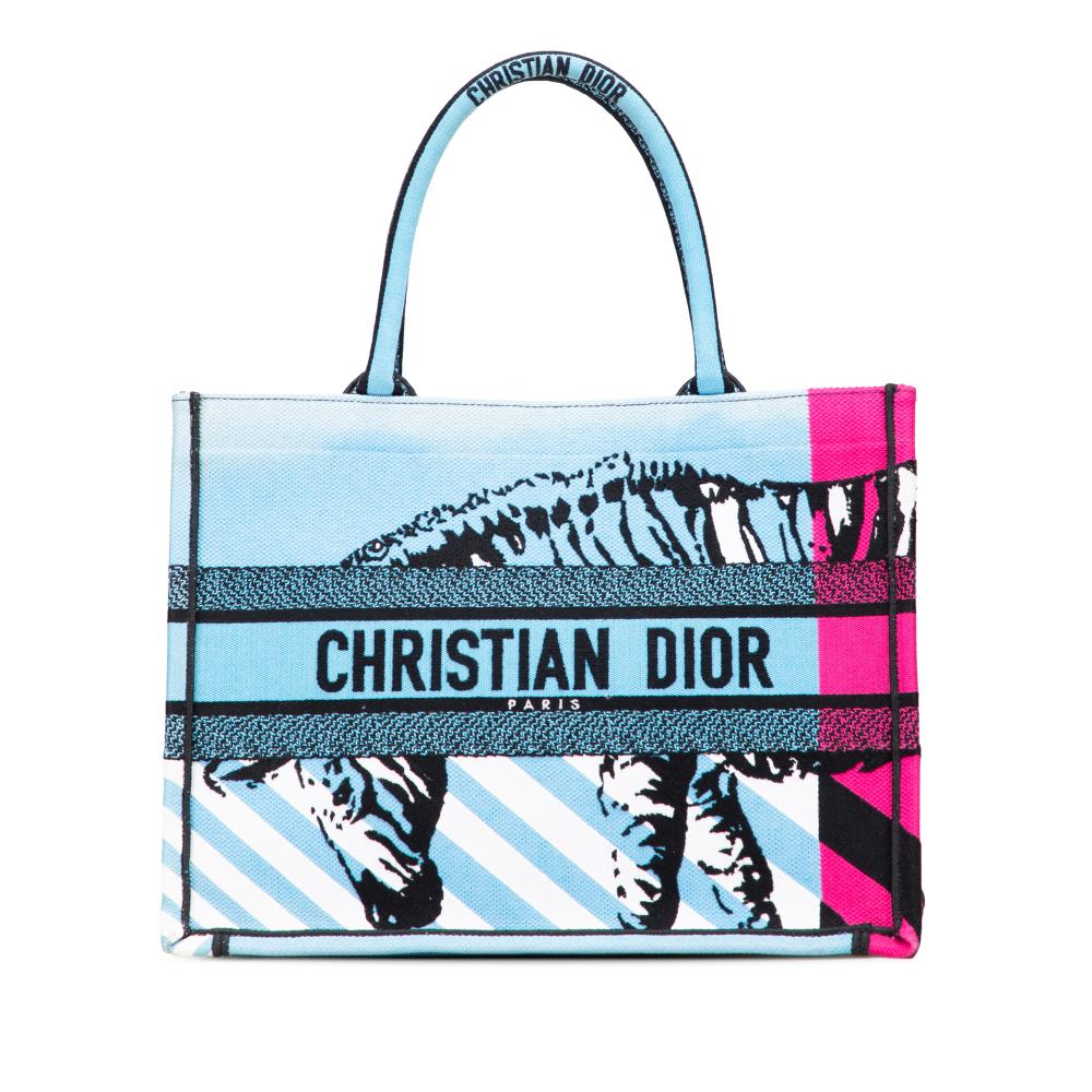 Christian Dior B Dior Blue Light Blue Canvas Fabric Medium Embroidered Zebra D Jungle Pop Book Tote Italy