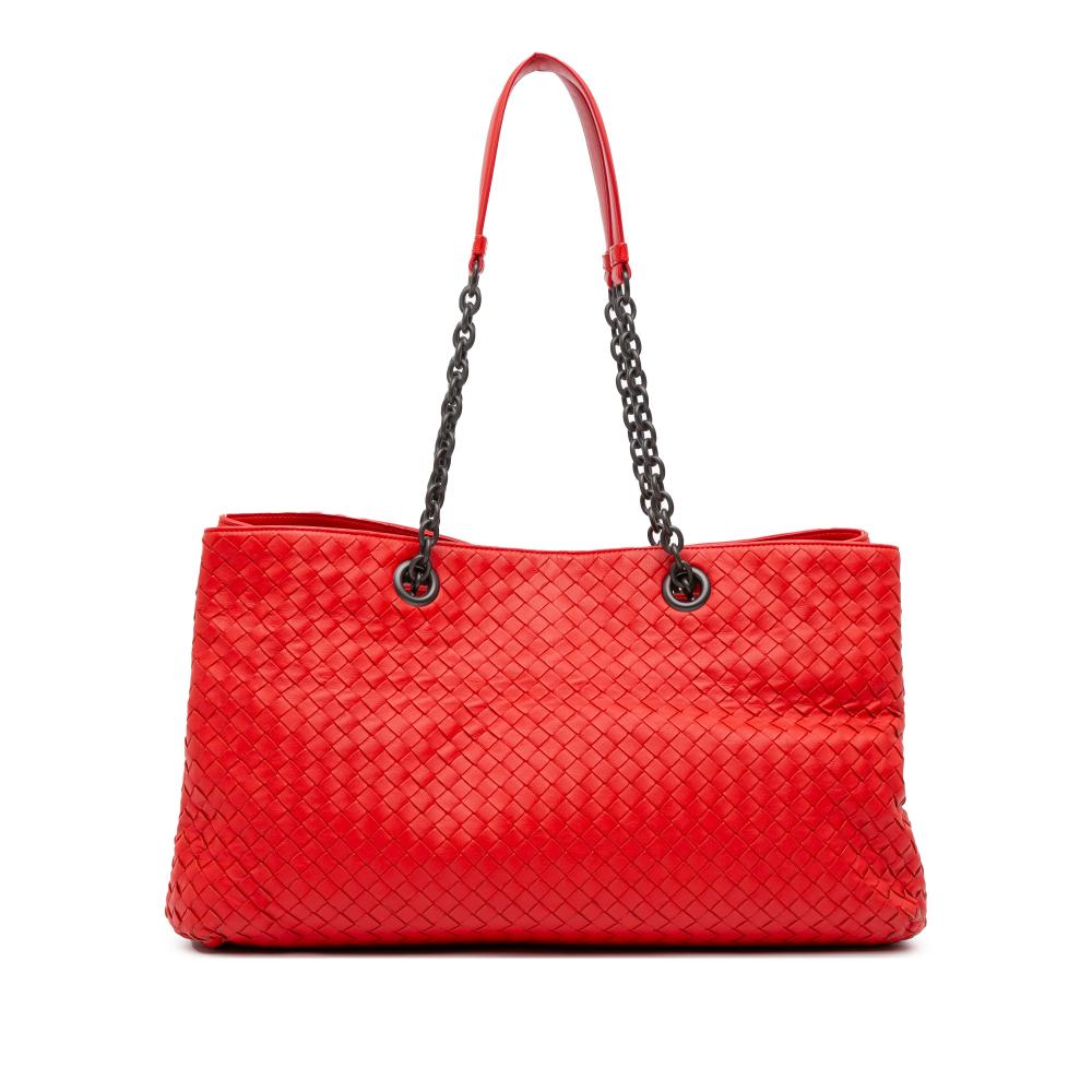 Bottega Veneta B Bottega Veneta Red Nappa Leather Leather Medium Nappa Intrecciato Double Chain Tote Italy