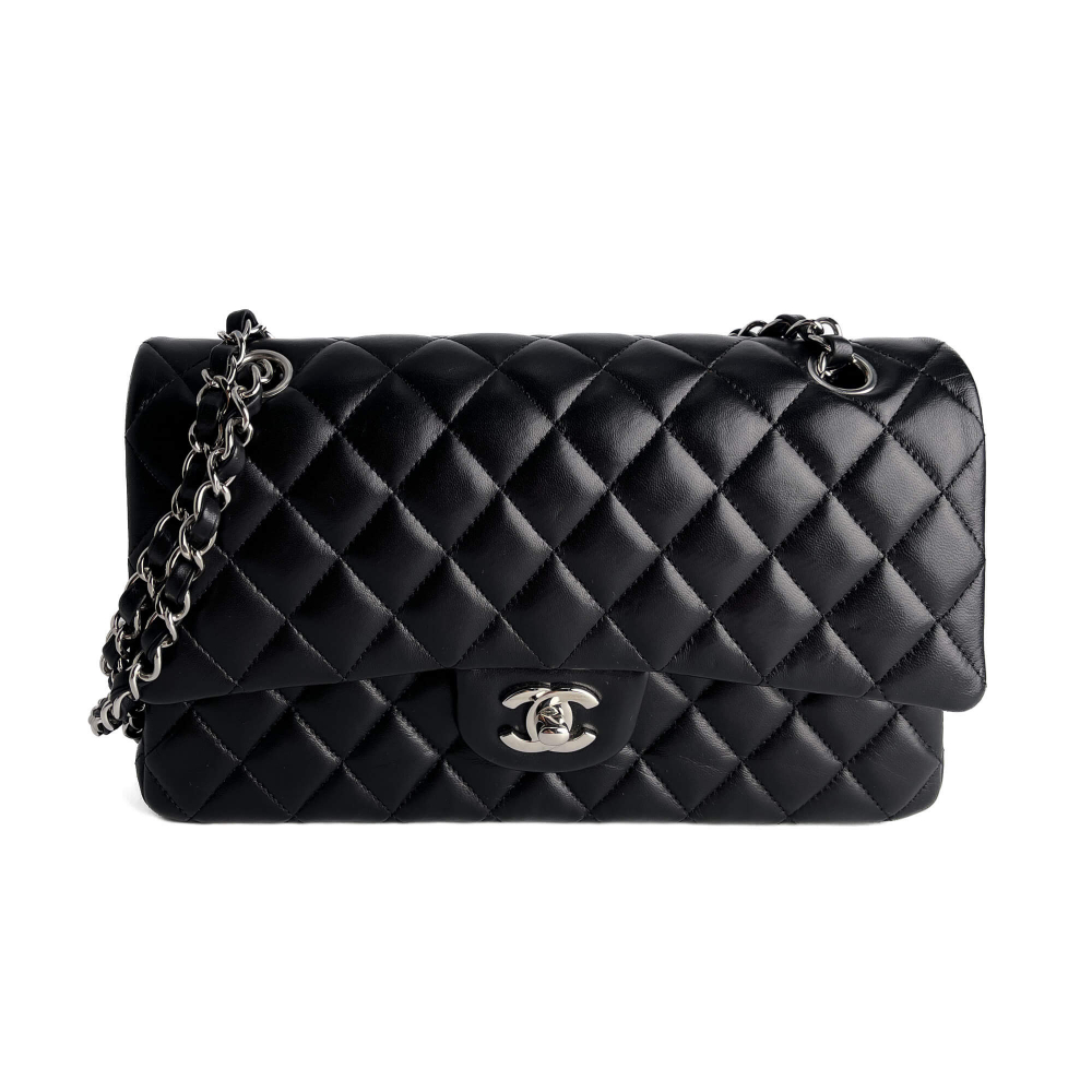 Chanel Classic Double Flap Medium Lambskin Leather Matelassè Shoulder Bag Black