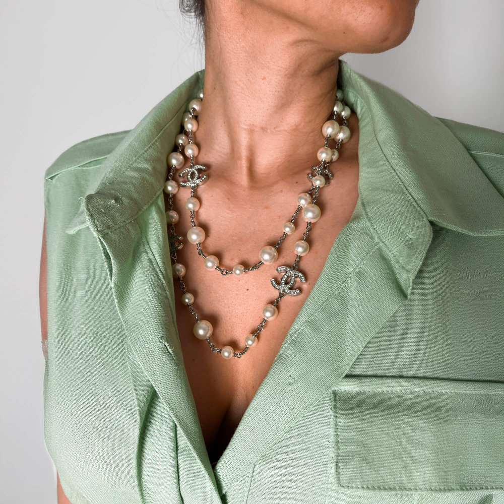 Chanel Crystal Pearls CC Metal & Faux Pearls 2-Ways Long Necklace Silver