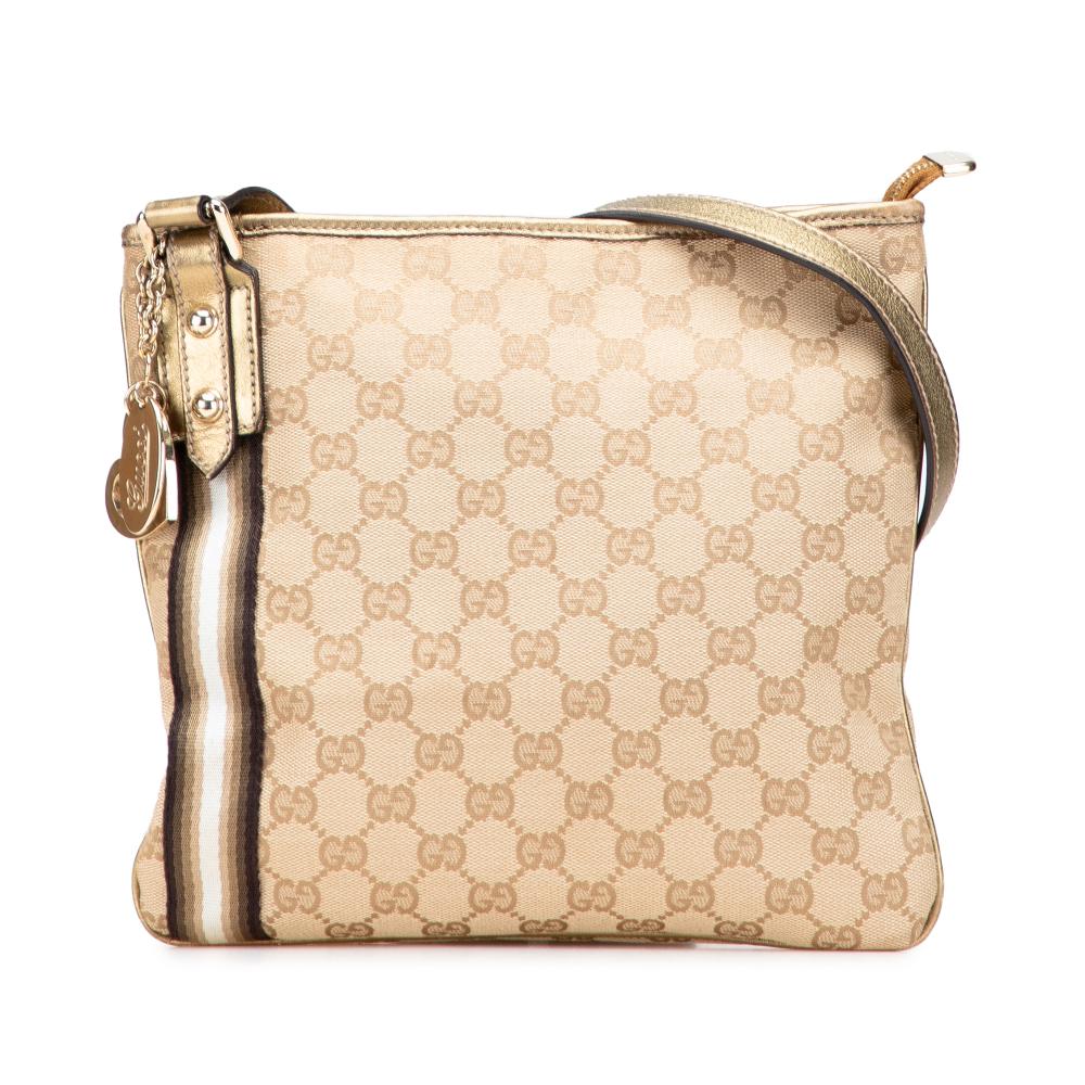 Gucci B Gucci Brown Beige with Gold Canvas Fabric GG Jolicoeur Crossbody Italy
