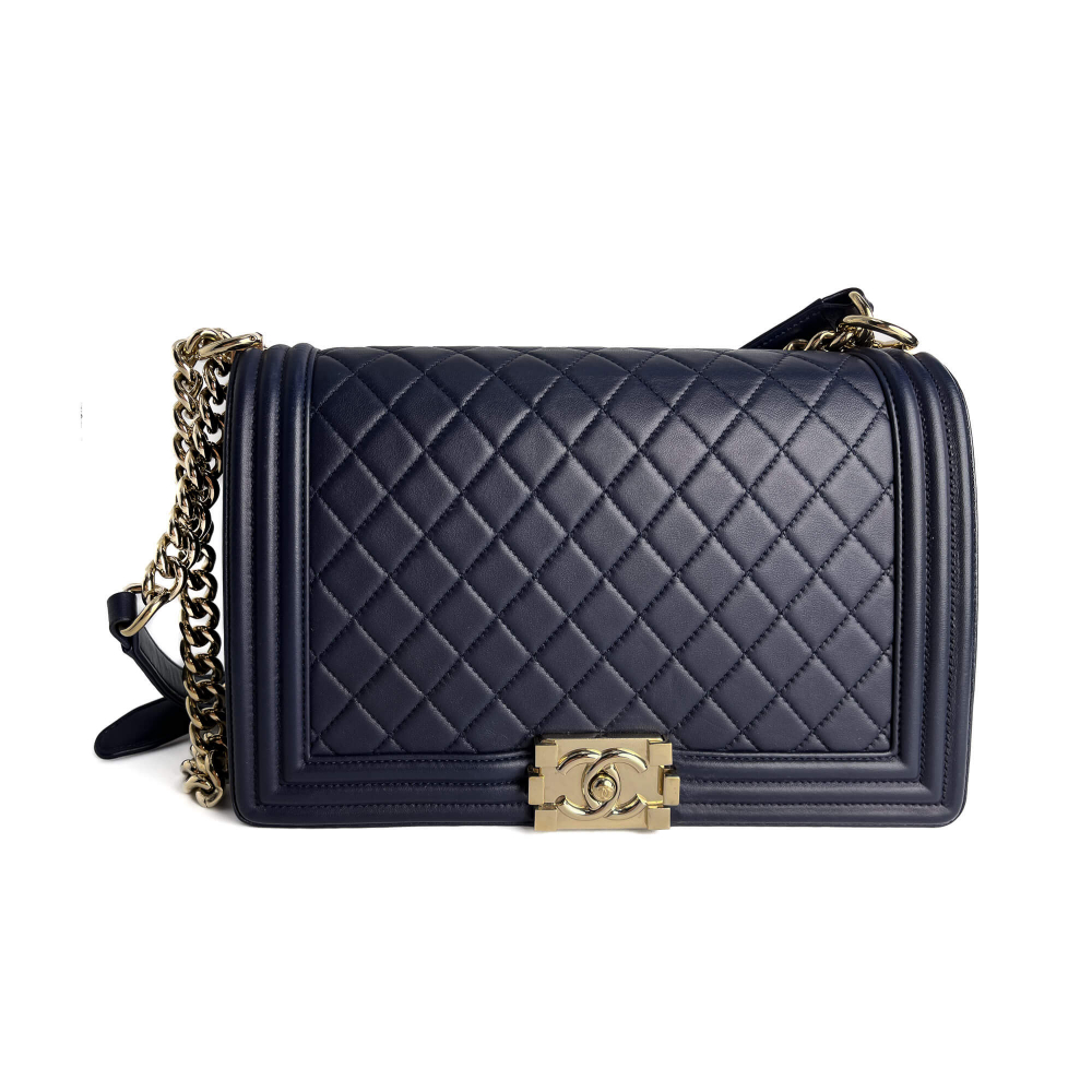 Chanel Boy Large Quilted Lambskin Leather 2-Ways Flap Bag Navy