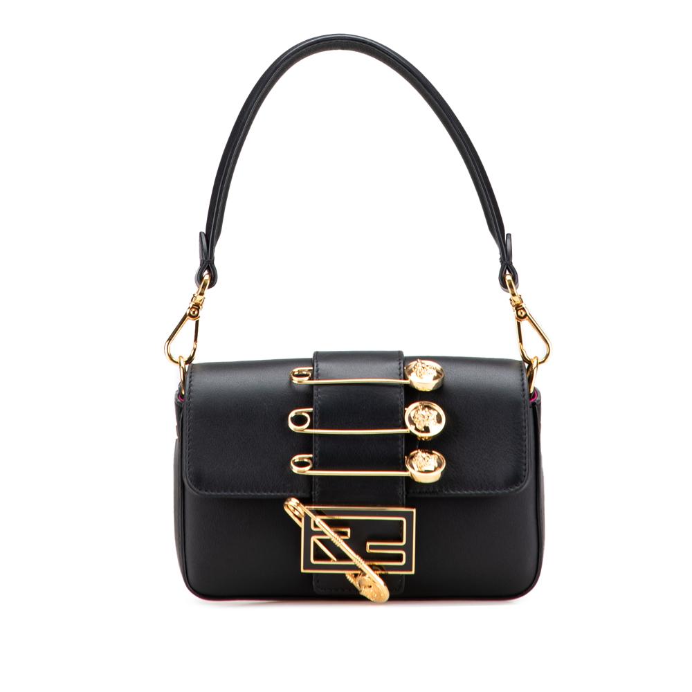 Fendi B Fendi Black Calf Leather Versace Vitello Seta Fendace Mini Brooch Baguette Satchel Italy