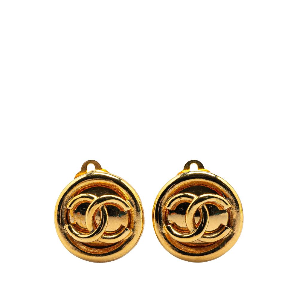 Chanel B Chanel Gold Gold Plated Metal CC Round Clip On Earrings France