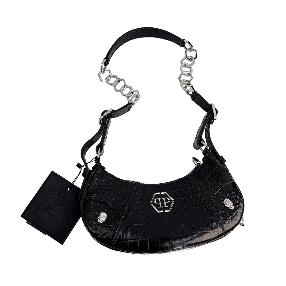 Philipp Plein Hexagon Croco Printed Leather Bowler Shoulder Bag Black