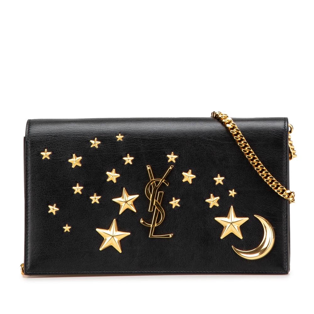 Saint Laurent B Saint Laurent Black Calf Leather Moon and Star Monogram Kate Wallet On Chain Italy