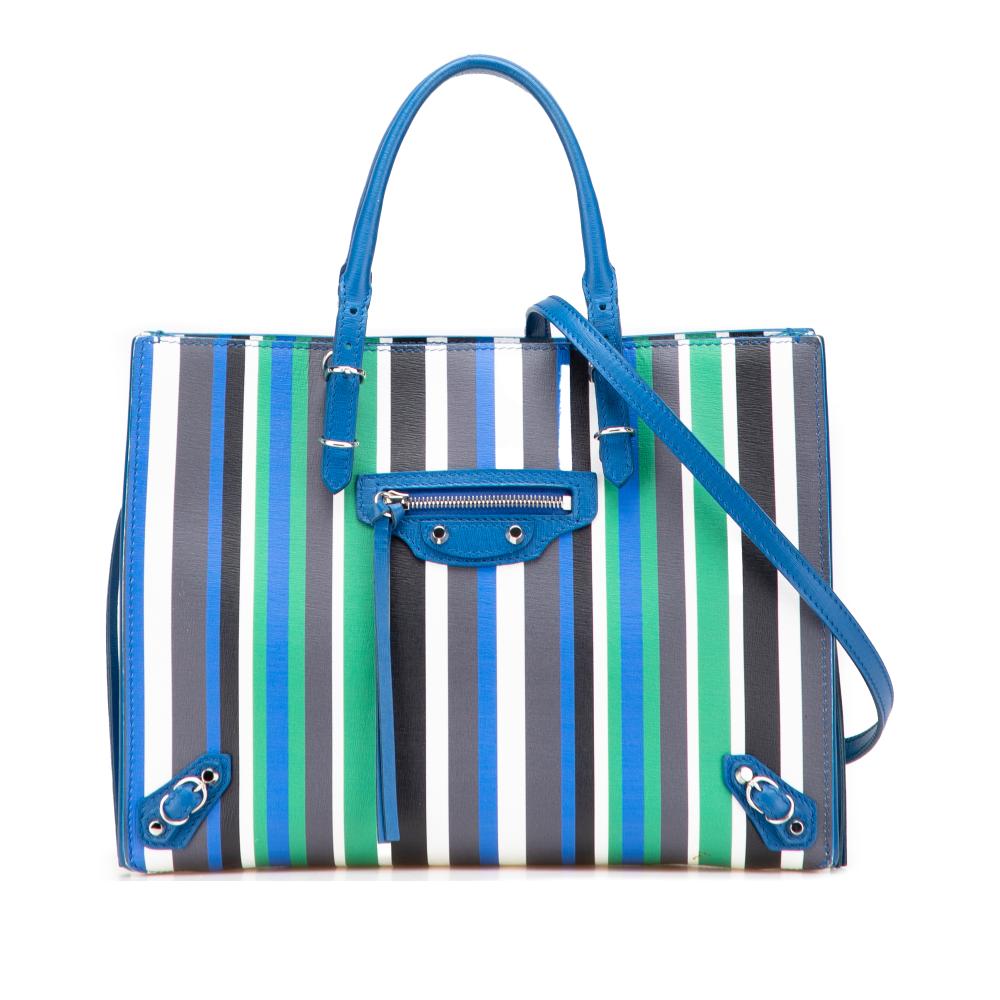 Balenciaga B Balenciaga Blue Calf Leather Mini Striped Papier A6 Zip Around Satchel Italy