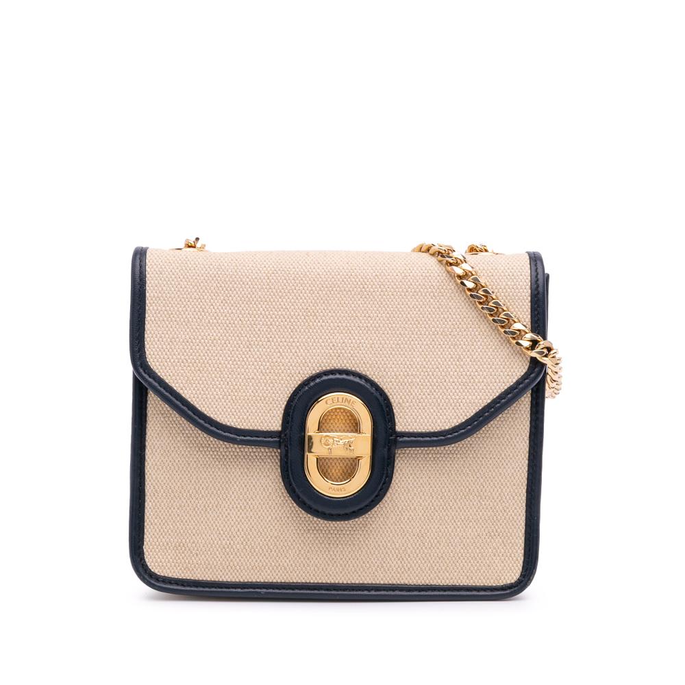 Celine B Celine Brown Beige with Blue Navy Canvas Fabric Sulky Clutch With Chain Italy