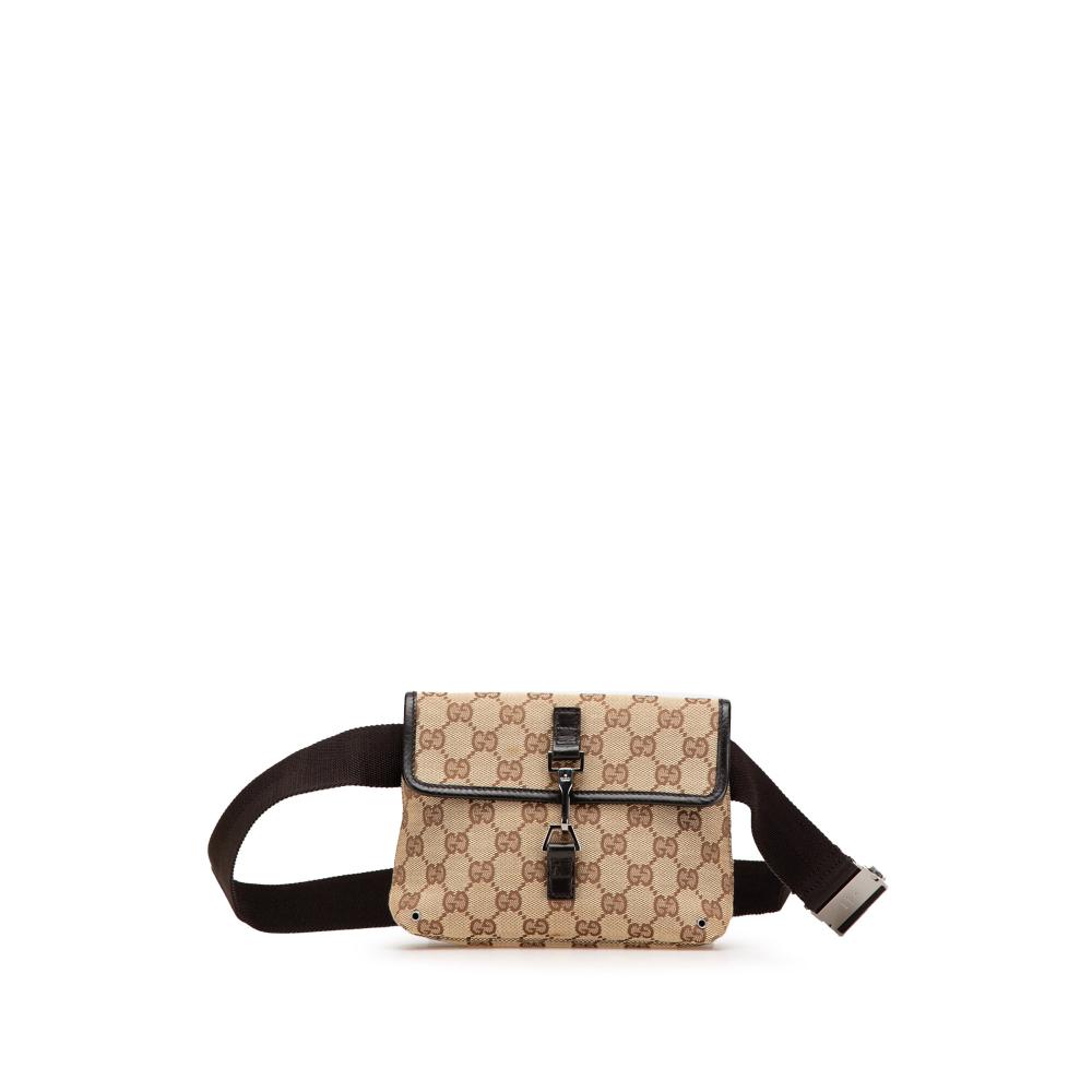 Gucci B Gucci Brown Beige Canvas Fabric GG Jackie Belt Bag Italy