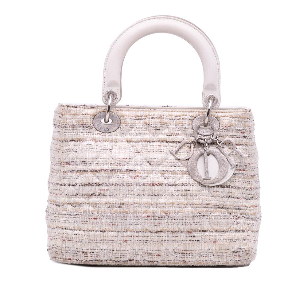 Christian Dior B Dior White Ivory Tweed Fabric Medium Cannage Lady Dior Italy