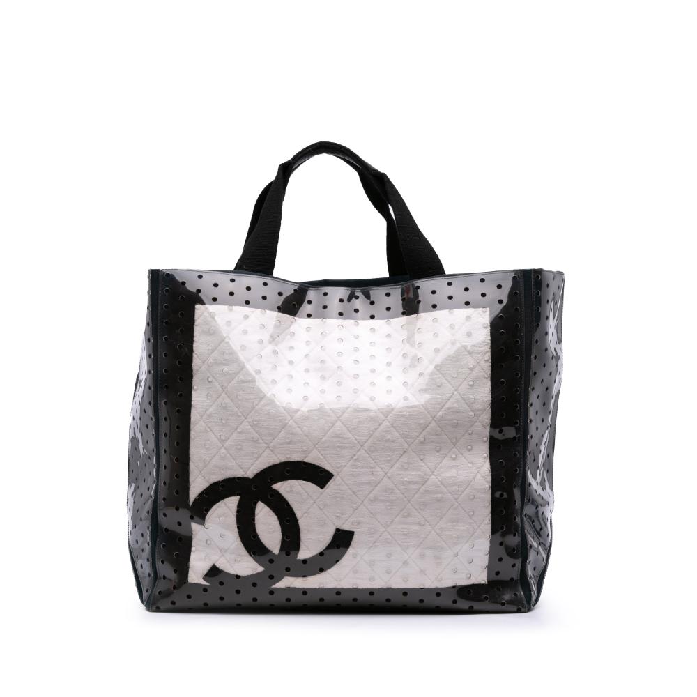 Chanel B Chanel White with Black PVC Plastic CC Quilted Cotton and Punching Tote Italy